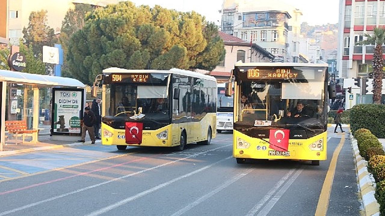 Aydın Büyükşehir Belediyesi şehitlerimiz için ulaşım araçlarına siyah  kurdele ve türk bayrağı astı - iskenderun