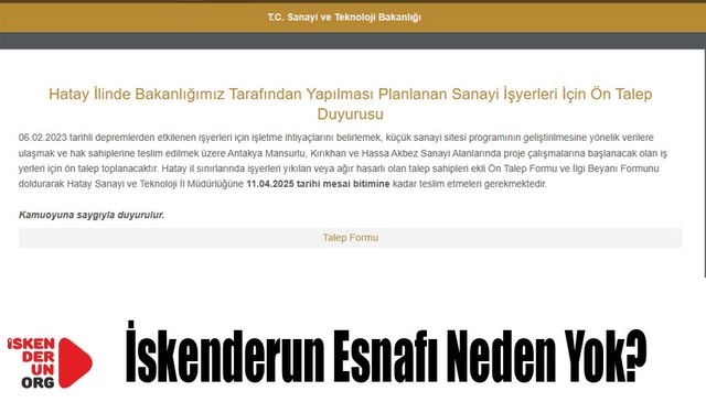 Bakanlığın Talep Formunda İskenderun Yok