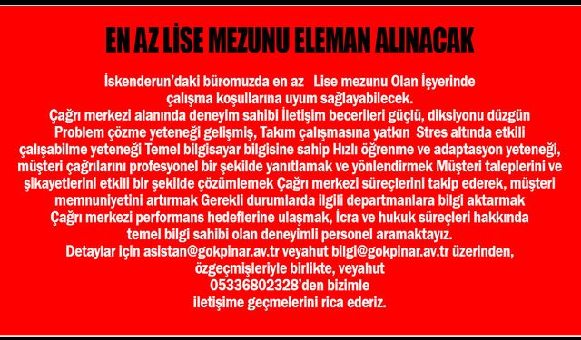 En Az Lise Mezunu Eleman Alınacak...